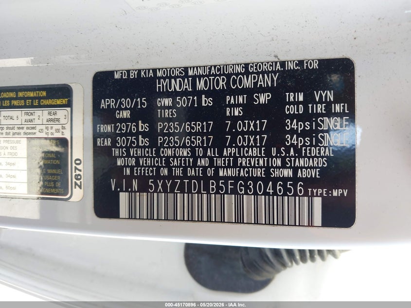 2015 Hyundai Santa fe VIN 5XYZTDLB5FG304656 IAAI salvage auction — FRONT END, Salvage (New Hampshire), sold $2,050 on 2026-07-12 (photo 9)