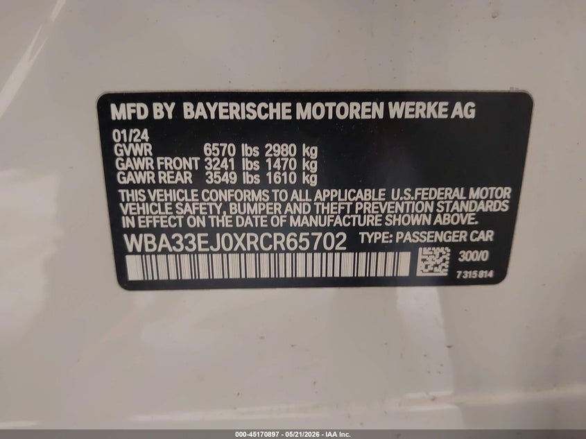 2024 BMW 7er VIN WBA33EJ0XRCR65702 IAAI salvage auction — FRONT END, Mv-907A (New York), sold $25,150 on 2026-07-07 (photo 9)