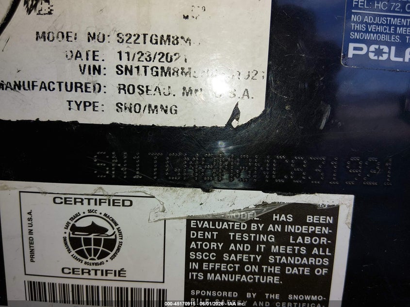 2022 Polaris VIN SN1TGM8M8NC831921 IAAI salvage auction — ROLLOVER, Registration Card (Alaska), sold $1,050 on 2026-07-24 (photo 9)