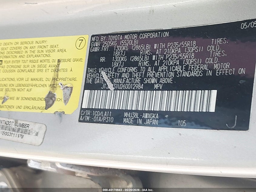 2006 Lexus Rx 400h VIN JTJHW31U260012984 IAAI salvage auction — NORMAL WEAR, Clear (New York), sold $25 on 2026-07-21 (photo 9)