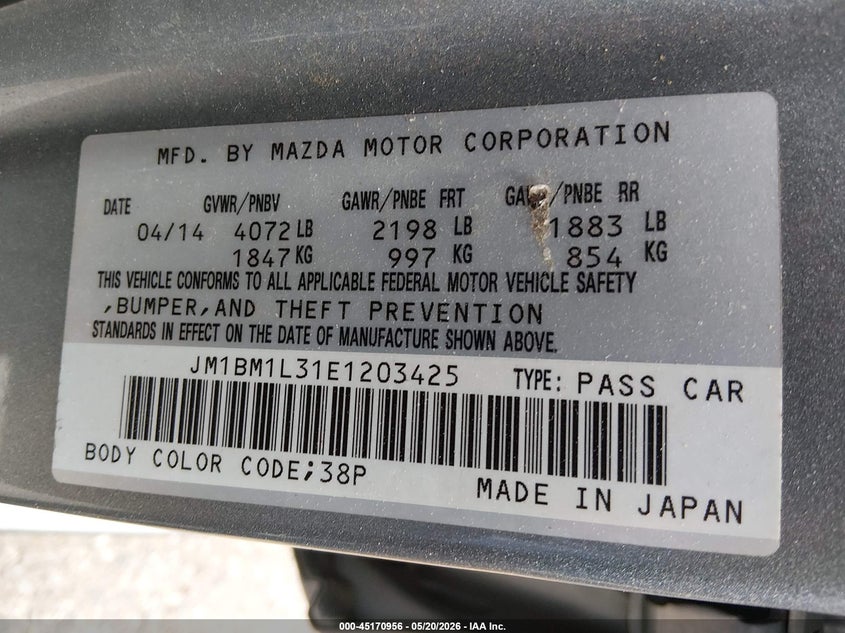 2014 Mazda 3 VIN JM1BM1L31E1203425 IAAI salvage auction — REAR END, Salvage (Colorado), sold $1,200 on 2026-07-10 (photo 9)