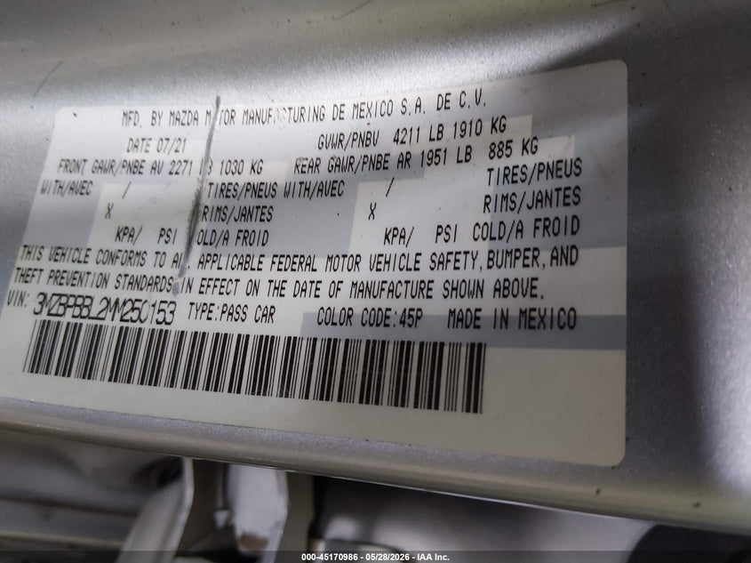 2021 Mazda 3 VIN 3MZBPBBL2MM250153 IAAI salvage auction — FRONT END, Salvage Title, sold $3,050 on 2026-07-10 (photo 9)