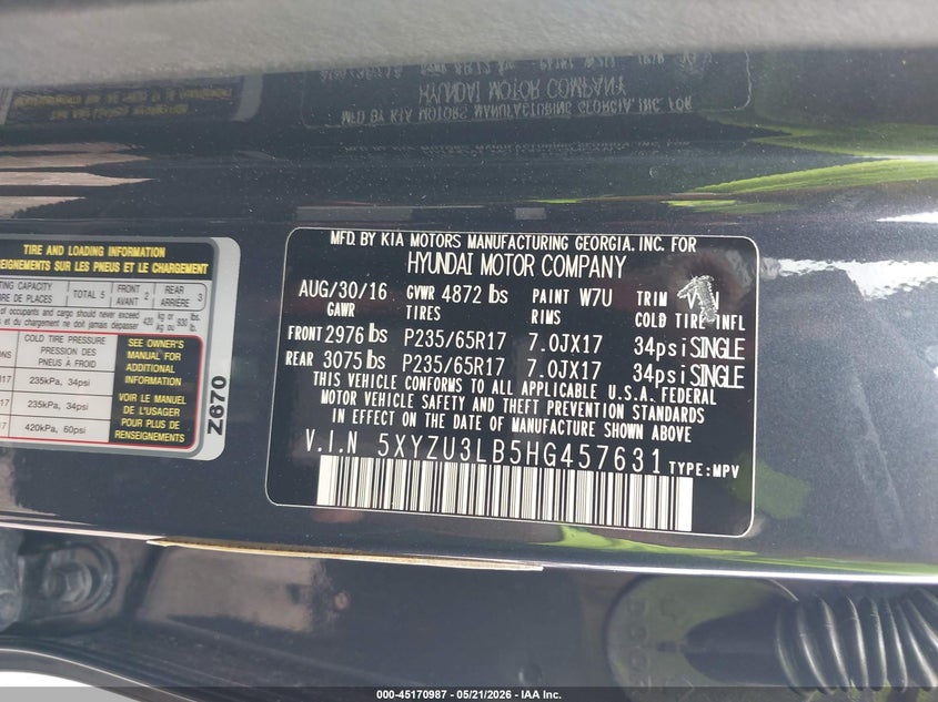 2017 Hyundai Santa fe VIN 5XYZU3LB5HG457631 IAAI salvage auction — FRONT END, Original (Texas), sold $3,900 on 2026-07-18 (photo 9)