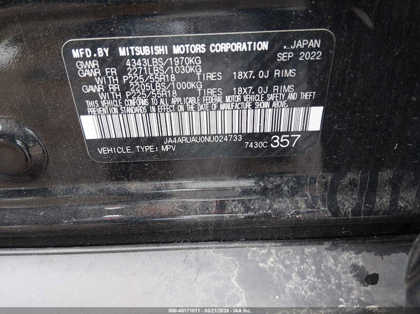 2022 Mitsubishi Outlander VIN JA4ARUAU0NU024733 IAAI salvage auction — FRONT END, Salvage (Texas), sold $5,500 on 2026-08-22 (photo 9)