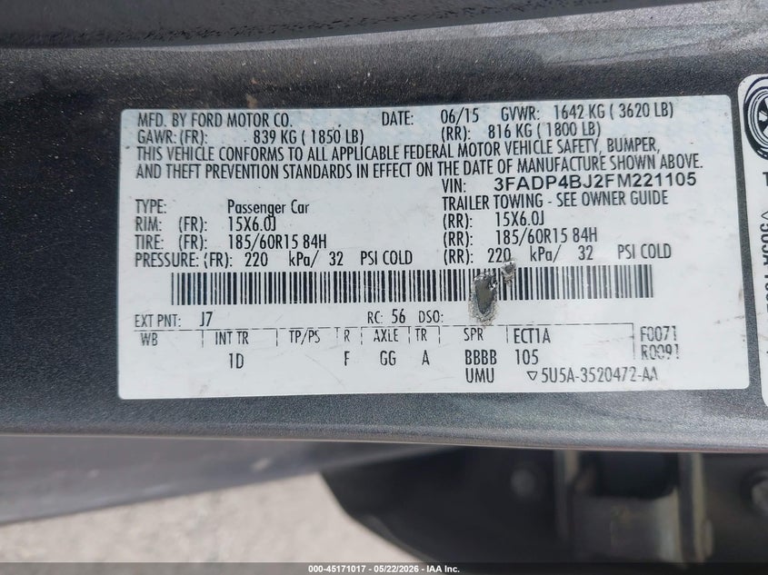 2015 Ford Fiesta VIN 3FADP4BJ2FM221105 IAAI salvage auction — RIGHT REAR, Salvage (Texas), sold $775 on 2026-07-09 (photo 9)