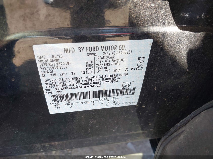 2023 Ford Edge VIN 2FMPK4G95PBA04022 IAAI salvage auction — FRONT END, Salvage (Oklahoma), sold $7,600 on 2026-07-22 (photo 9)