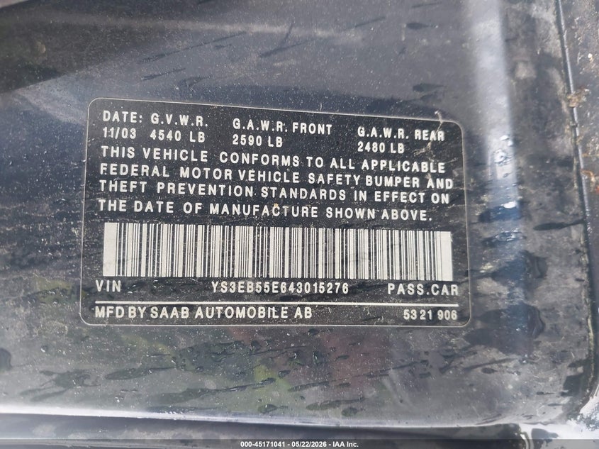 2004 Saab 9-5 VIN YS3EB55E643015276 IAAI salvage auction — FRONT END, Clear (Virginia), sold $225 on 2026-07-08 (photo 9)