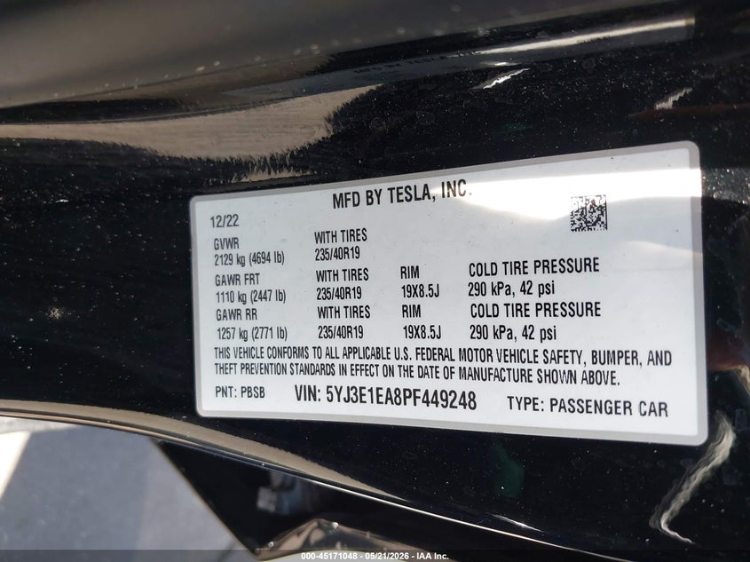 2023 Tesla Model 3 VIN 5YJ3E1EA8PF449248 IAAI salvage auction — FRONT END, Salvage Title, sold $5,900 on 2026-07-11 (photo 9)