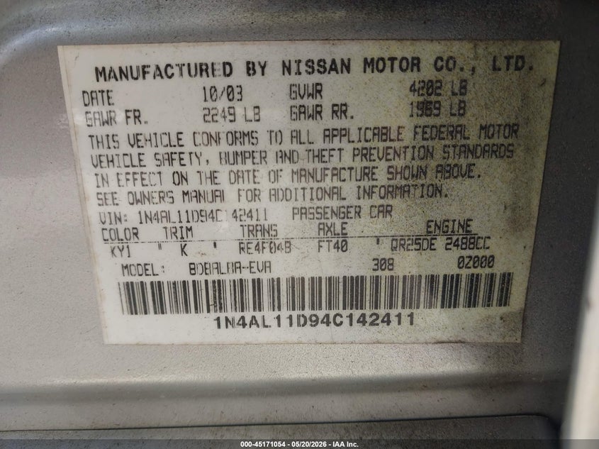 2004 Nissan Altima VIN 1N4AL11D94C142411 IAAI salvage auction — REAR END, Salvage (North Carolina), sold $275 on 2026-07-22 (photo 9)