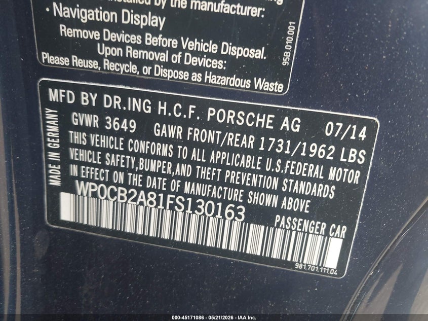 2015 Porsche Boxster VIN WP0CB2A81FS130163 IAAI salvage auction — FRONT END, Salvage (Virginia), sold $21,850 on 2026-07-06 (photo 9)