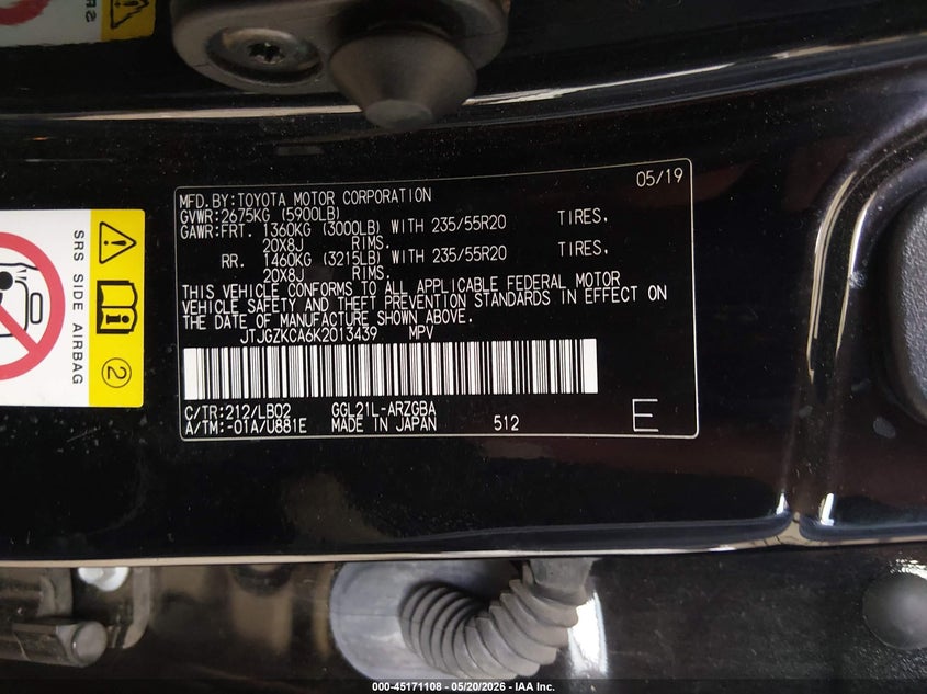 2019 Lexus Rx VIN JTJGZKCA6K2013439 IAAI salvage auction — LEFT FRONT, Original (Texas), sold $8,700 on 2026-07-28 (photo 9)