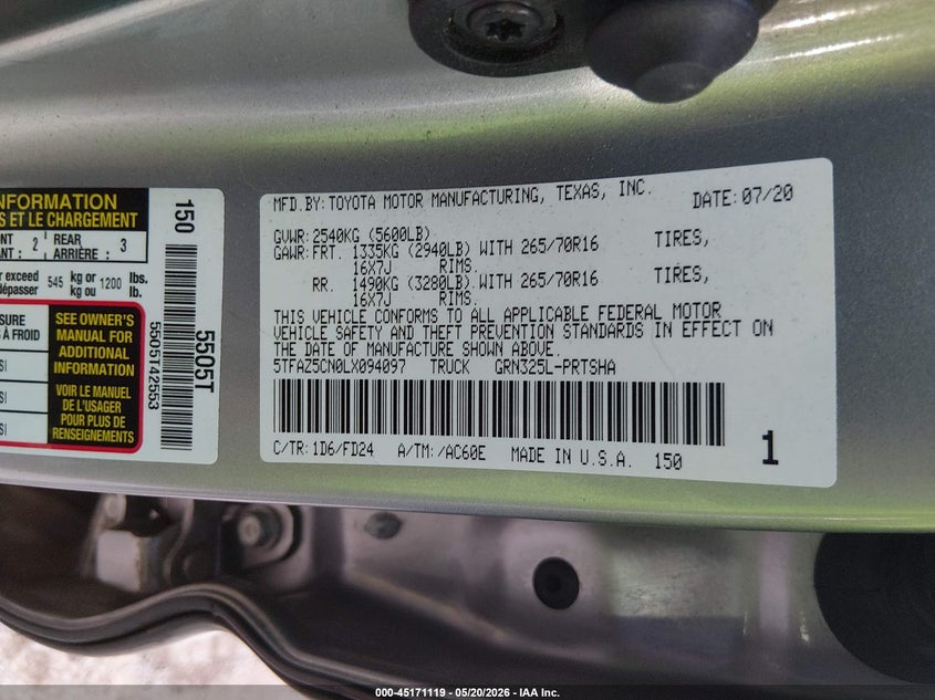 2020 Toyota Tacoma VIN 5TFAZ5CN0LX094097 IAAI salvage auction — FRONT END, Salvage (Arizona), sold $12,000 on 2026-07-23 (photo 9)
