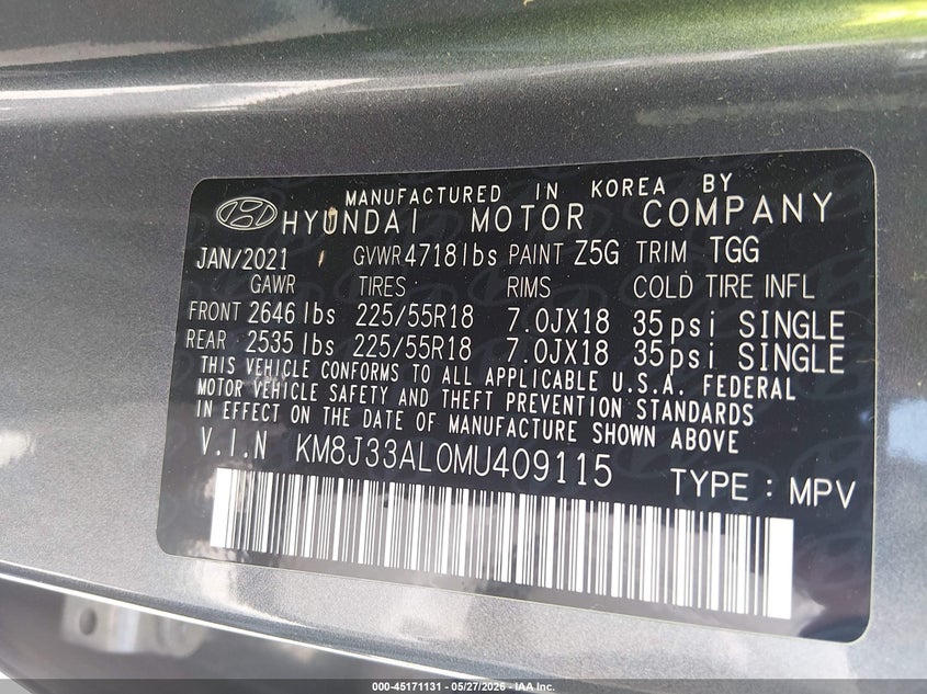 2021 Hyundai Tucson VIN KM8J33AL0MU409115 IAAI salvage auction — HAIL, Salvage Title, sold $25 on 2026-07-31 (photo 9)