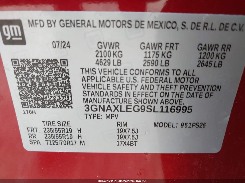 2025 Chevrolet Equinox VIN 3GNAXLEG9SL116995 IAAI salvage auction — FRONT & REAR, Salvage Title, sold $11,200 on 2026-07-30 (photo 9)