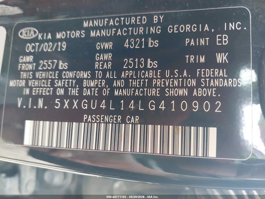 2020 Kia Optima VIN 5XXGU4L14LG410902 IAAI salvage auction — FRONT END, Salvage (Tennessee), sold $2,000 on 2026-07-09 (photo 9)