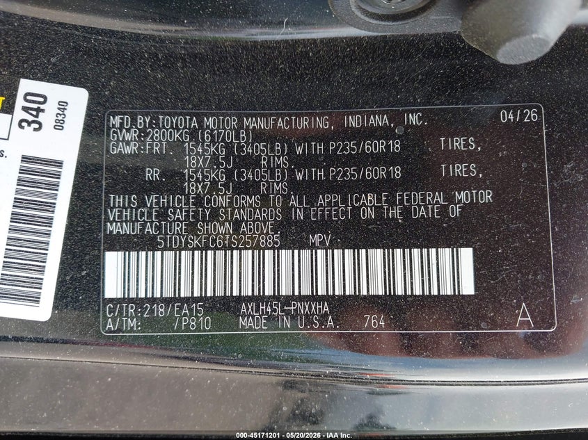 2026 Toyota Sienna VIN 5TDYSKFC6TS257885 IAAI salvage auction — FRONT & REAR, Salvage Title, sold $8,300 on 2026-08-20 (photo 9)
