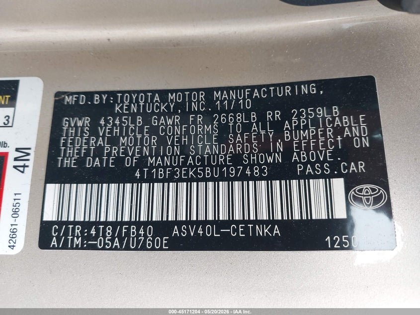 2011 Toyota Camry VIN 4T1BF3EK5BU197483 IAAI salvage auction — REAR END, Salvage (Oregon), sold $1,600 on 2026-07-09 (photo 9)