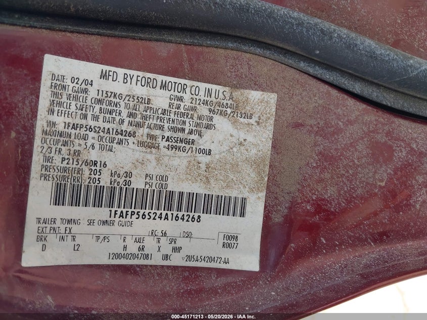 2004 Ford Taurus VIN 1FAFP56S24A164268 IAAI salvage auction — SIDE, Salvage (Utah), sold $275 on 2026-07-09 (photo 9)