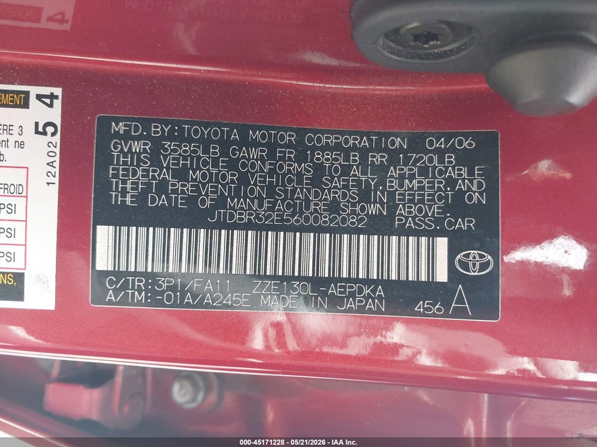2006 Toyota Corolla VIN JTDBR32E560082082 IAAI salvage auction — REAR END, Salvage (Hawaii), sold $50 on 2026-07-21 (photo 9)