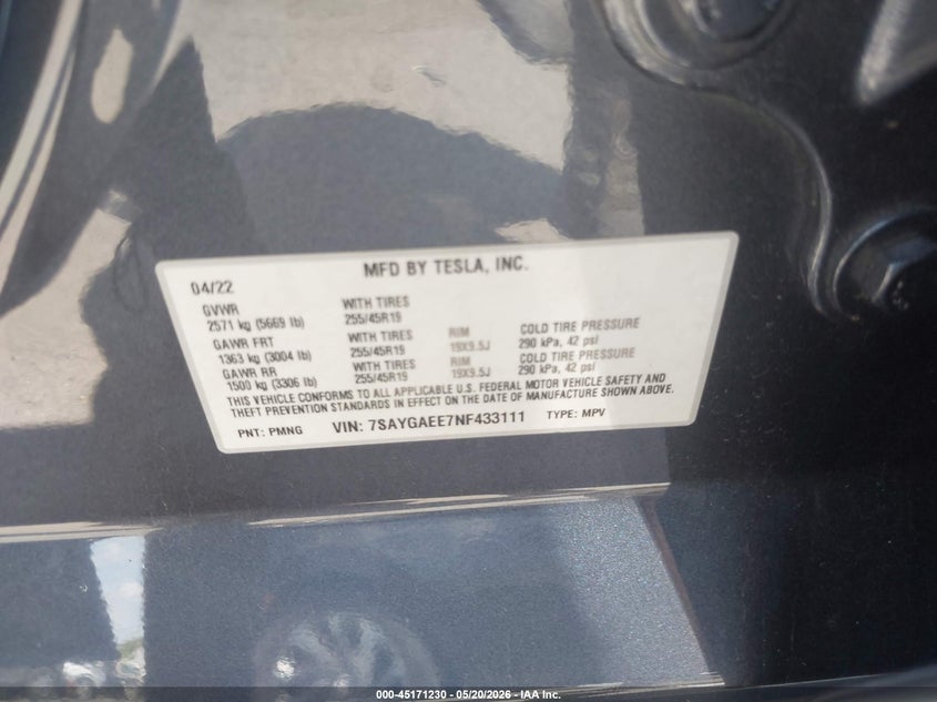 2022 Tesla Model y VIN 7SAYGAEE7NF433111 IAAI salvage auction — REAR END, Salvage (North Carolina), sold $10,750 on 2026-07-20 (photo 9)