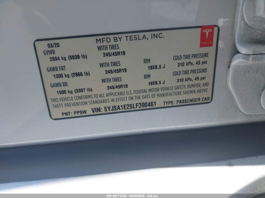 2020 Tesla Model s VIN 5YJSA1E25LF390461 IAAI salvage auction — FRONT END, Salvage (California), sold $10,000 on 2026-07-16 (photo 9)