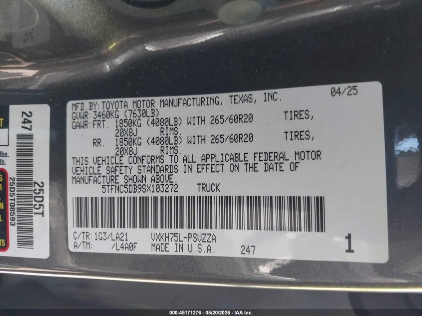 2025 Toyota Tundra VIN 5TFNC5DB9SX103272 IAAI salvage auction — FRONT END, Salvage (California), sold $21,750 on 2026-07-08 (photo 9)