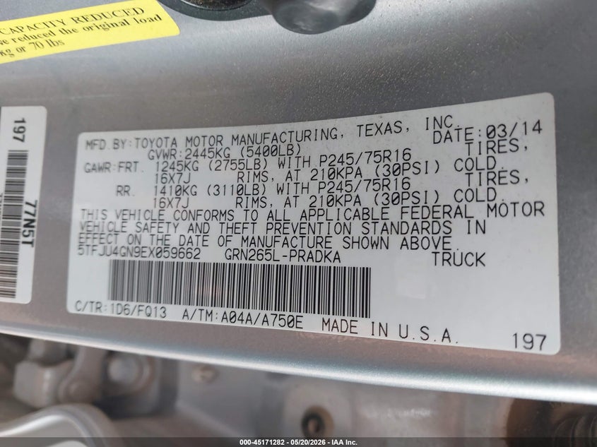 2014 Toyota Tacoma VIN 5TFJU4GN9EX059662 IAAI salvage auction — FRONT END, Original (Texas), sold $7,750 on 2026-07-28 (photo 9)