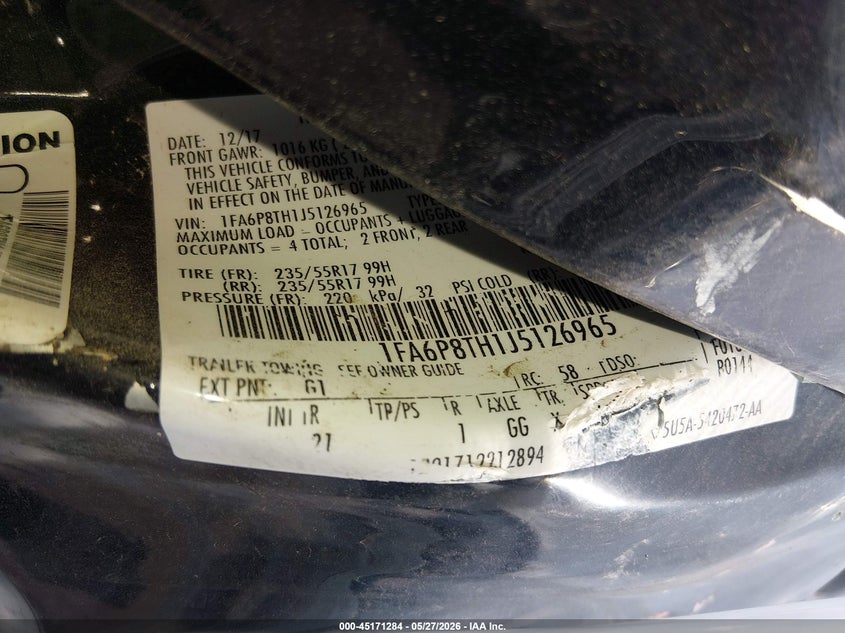 2018 Ford Mustang VIN 1FA6P8TH1J5126965 IAAI salvage auction — LEFT SIDE, Salvage (Kansas), sold $2,850 on 2026-07-24 (photo 9)