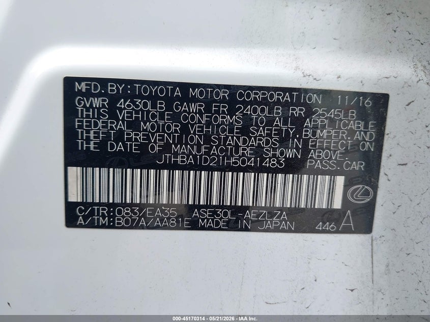 2017 Lexus Is VIN JTHBA1D21H5041483 IAAI salvage auction — FRONT END, Salvage Title, sold $6,200 on 2026-07-22 (photo 9)