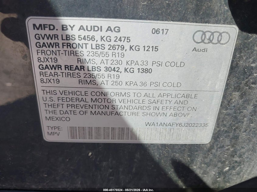 2018 Audi Q5 VIN WA1ANAFY6J2022335 IAAI salvage auction — FRONT END, Salvage (Ohio), sold $3,550 on 2026-07-24 (photo 9)