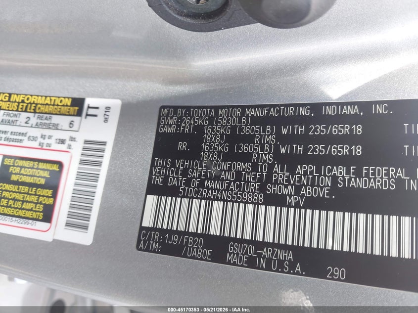 2022 Toyota Highlander VIN 5TDCZRAH4NS559888 IAAI salvage auction — REAR END, Clear Claim Paid (Wisconsin), sold $15,500 on 2026-07-28 (photo 9)