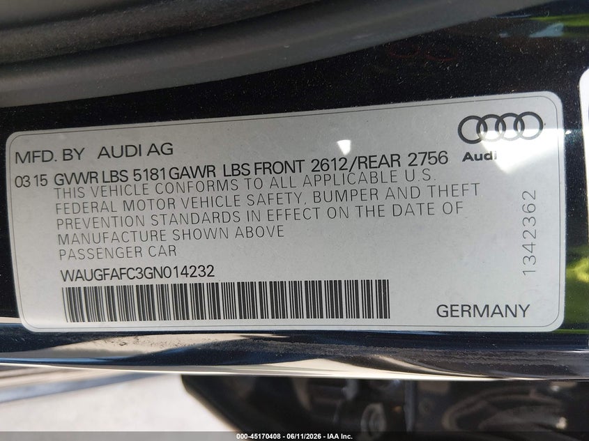 2016 Audi A6 VIN WAUGFAFC3GN014232 IAAI salvage auction — LEFT FRONT, Original (Texas), sold $2,250 on 2026-07-28 (photo 9)