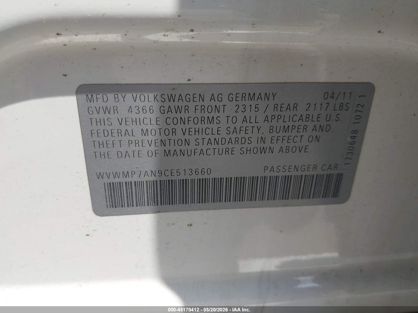 2012 Volkswagen Cc VIN WVWMP7AN9CE513660 IAAI salvage auction — FRONT END, Repossession Paperwork (Georgia), sold $50 on 2026-07-15 (photo 9)