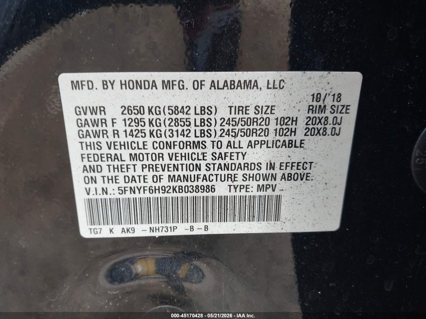 2019 Honda Pilot VIN 5FNYF6H92KB038986 IAAI salvage auction — FRONT END, Original (Texas), sold $7,325 on 2026-07-30 (photo 9)