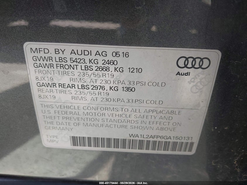 2016 Audi Q5 VIN WA1L2AFP6GA150131 IAAI salvage auction — RIGHT FRONT, Salvage Title, sold $2,950 on 2026-07-07 (photo 9)