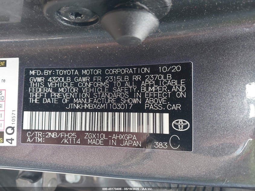 2021 Toyota C-hr VIN JTNKHMBX6M1103017 IAAI salvage auction — SIDE, Salvage (Indiana), sold $4,550 on 2026-07-28 (photo 9)