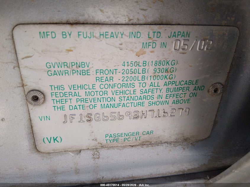 2003 Subaru Forester VIN JF1SG65693H716279 IAAI salvage auction — REAR END, Salvage (Oregon), sold $300 on 2026-07-27 (photo 9)