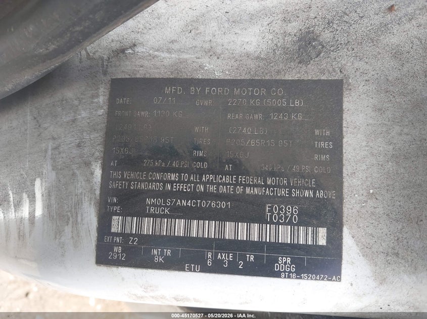2012 Ford Transit VIN NM0LS7AN4CT076301 IAAI salvage auction — NORMAL WEAR, Clear (Louisiana), sold $25 on 2026-07-27 (photo 9)