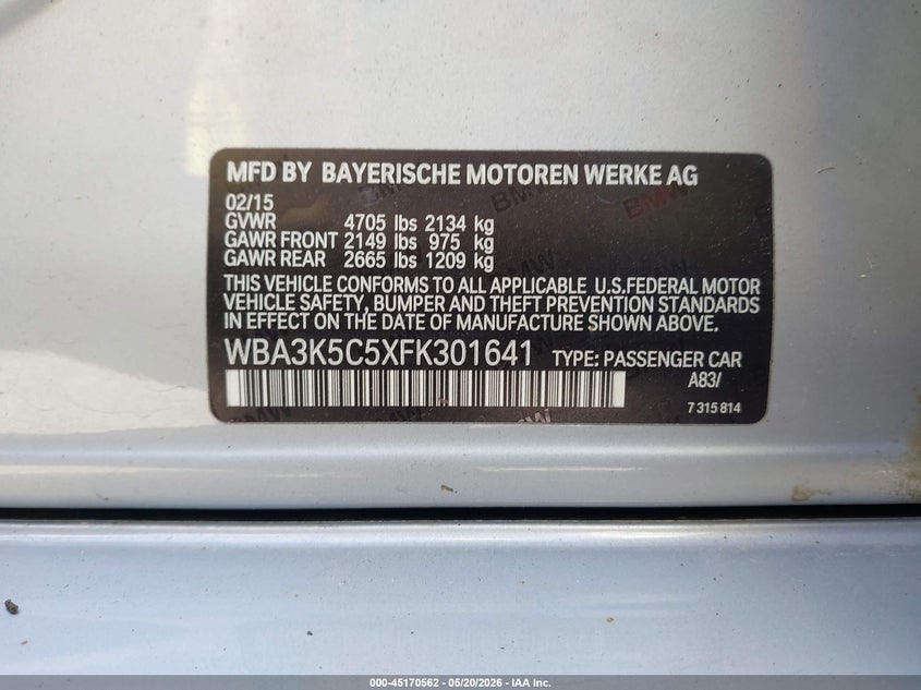 2015 BMW 3er VIN WBA3K5C5XFK301641 IAAI salvage auction — FRONT END, Wait Title, sold $1,750 on 2026-08-14 (photo 9)