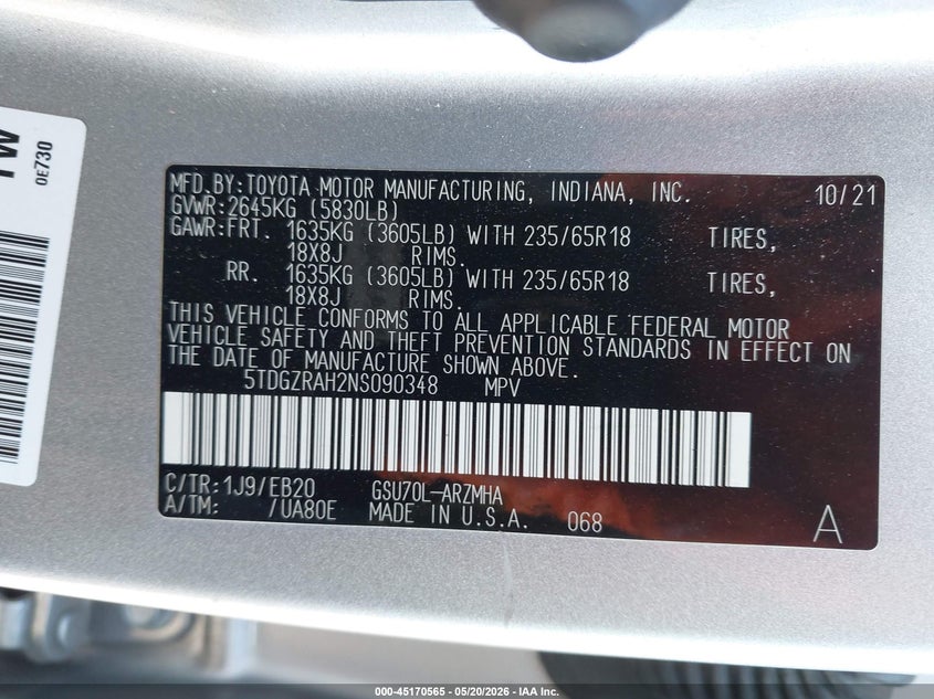 2022 Toyota Highlander VIN 5TDGZRAH2NS090348 IAAI salvage auction — FRONT END, Salvage (California), sold $14,800 on 2026-07-14 (photo 9)