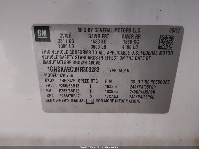 2017 Chevrolet Tahoe VIN 1GNSKAEC0HR309283 IAAI salvage auction — FRONT END, Sf97 (Oklahoma), sold $18,100 on 2026-07-09 (photo 9)