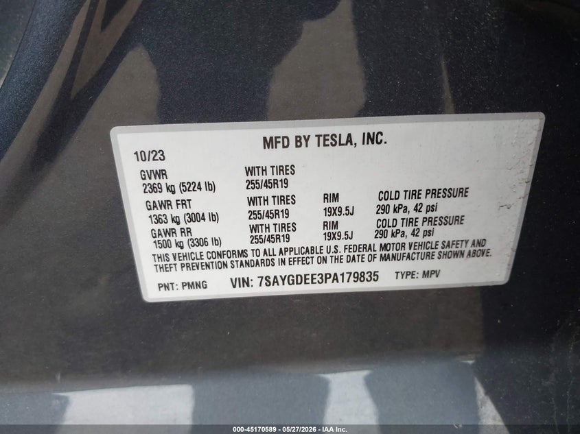 2023 Tesla Model y VIN 7SAYGDEE3PA179835 IAAI salvage auction — FRONT END, Salvage Title, sold $12,400 on 2026-07-18 (photo 9)