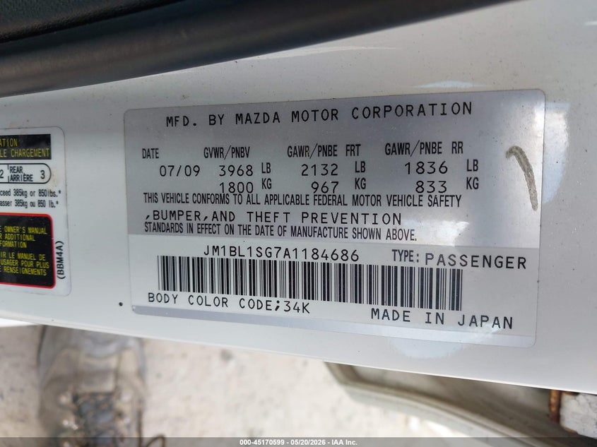 2010 Mazda 3 VIN JM1BL1SG7A1184686 IAAI salvage auction — NORMAL WEAR, Original (Rhode Island), sold $725 on 2026-07-15 (photo 9)