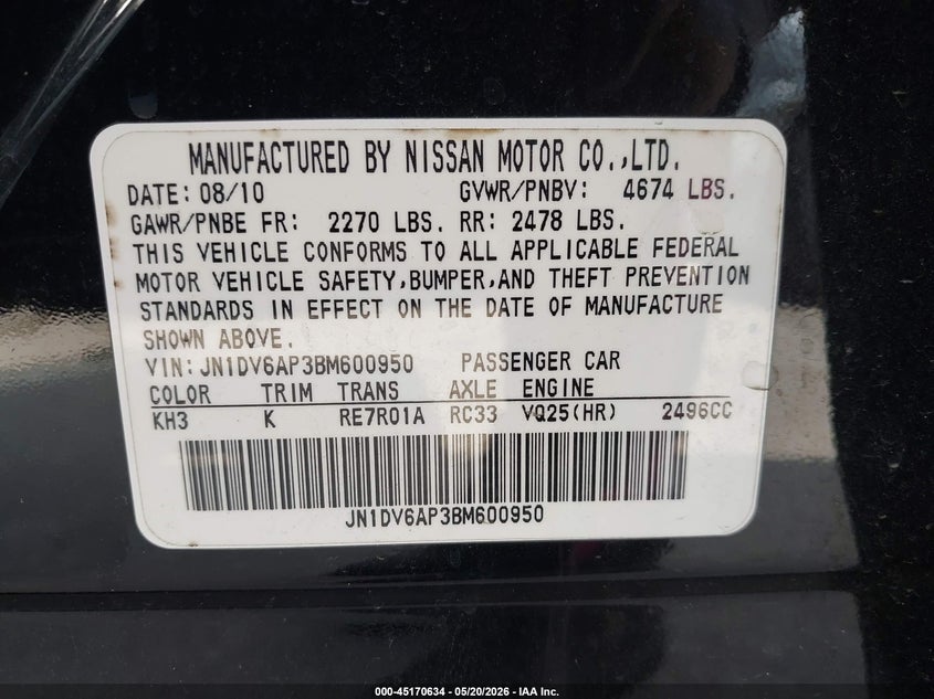 2011 Infiniti G25 VIN JN1DV6AP3BM600950 IAAI salvage auction — NORMAL WEAR, Original (Texas), sold $375 on 2026-07-06 (photo 9)