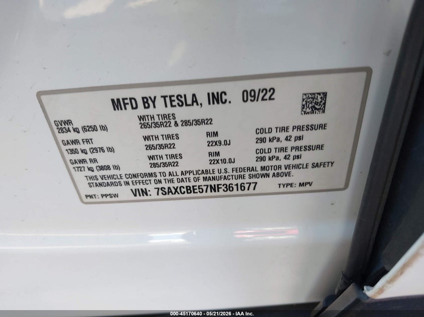 2022 Tesla Model x VIN 7SAXCBE57NF361677 IAAI salvage auction — REAR END, Salvage (South Carolina), sold $23,200 on 2026-07-29 (photo 9)