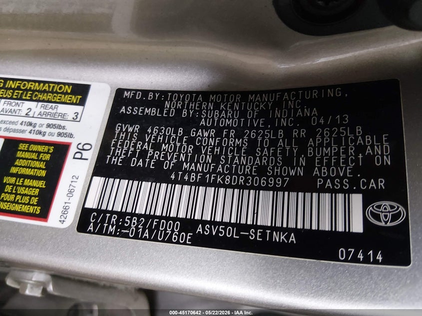 2013 Toyota Camry VIN 4T4BF1FK8DR306997 IAAI salvage auction — FRONT END, Clear (Virginia), sold $725 on 2026-07-25 (photo 9)