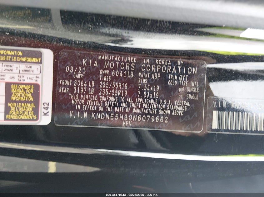 2022 Kia Carnival VIN KNDNE5H30N6079662 IAAI salvage auction — LEFT SIDE, Salvage Title, sold $9,550 on 2026-07-23 (photo 9)
