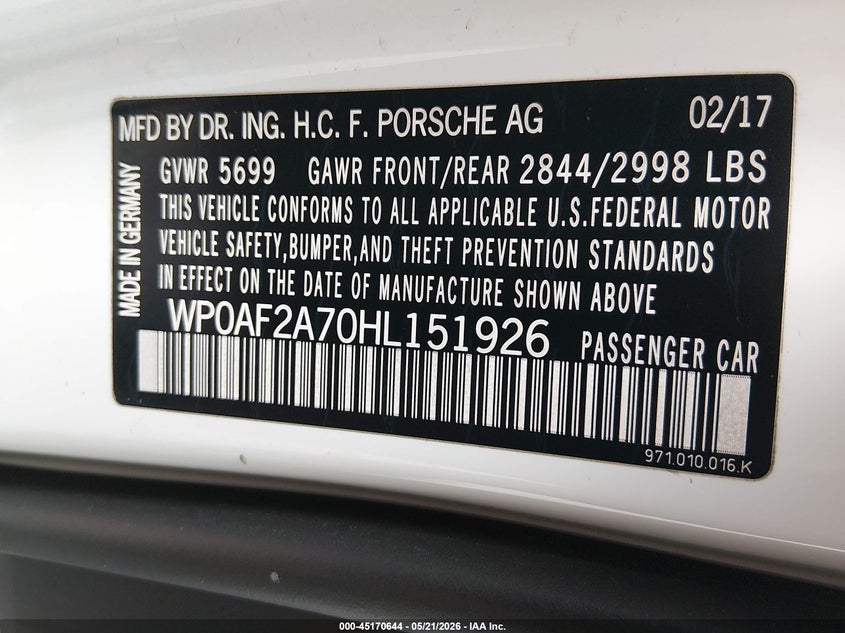 2017 Porsche Panamera VIN WP0AF2A70HL151926 IAAI salvage auction — REAR END, Salvage (Utah), sold $32,850 on 2026-07-20 (photo 9)