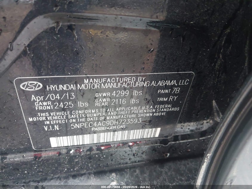 2013 Hyundai Sonata VIN 5NPEC4AC9DH723593 IAAI salvage auction — REAR END, Original (Texas), sold $1,475 on 2026-07-22 (photo 9)