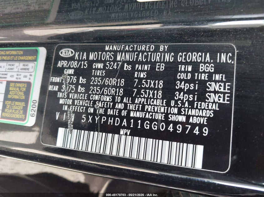2016 Kia Sorento VIN 5XYPHDA11GG049749 IAAI salvage auction — LEFT FRONT, Mv-907A (New York), sold $1,850 on 2026-07-07 (photo 9)
